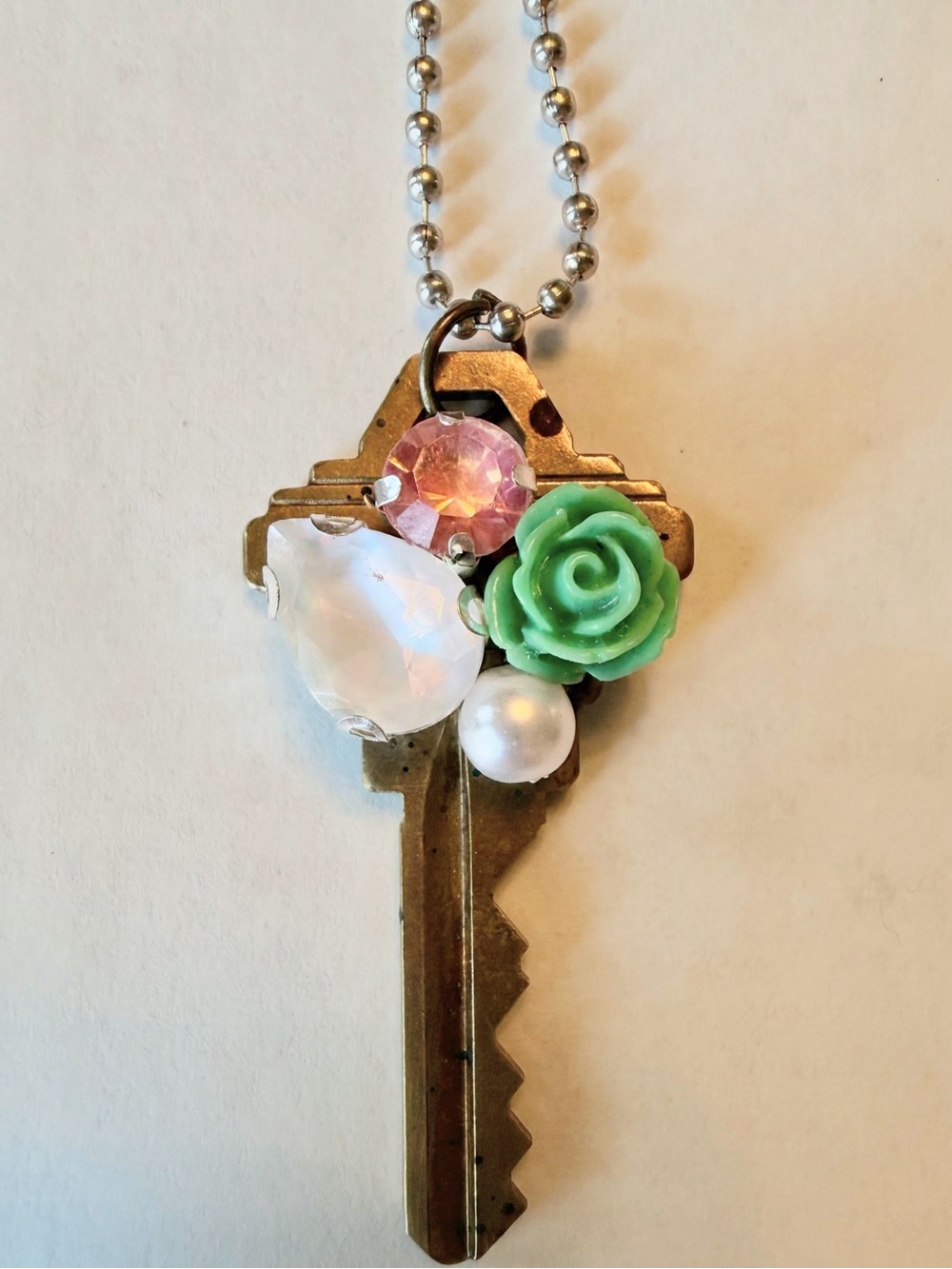 Mint Rose & Pearl Key Pendant Necklace - Unbranded
